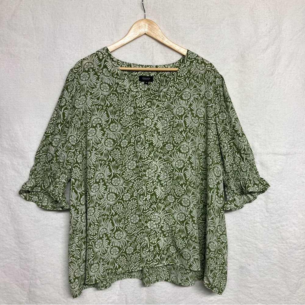 Jones New York Green Floral Blouse 3X Smocked Sleeve Boho Cottagecore Top - Picture 3 of 8
